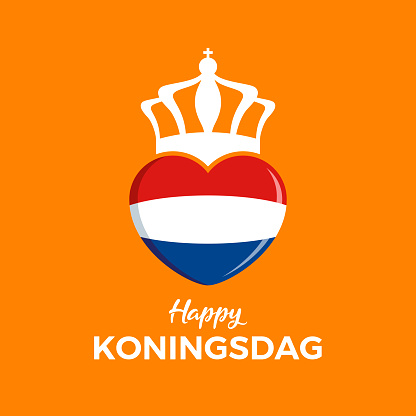 Netherlands flag in heart shape vector. Royal crown with dutch flag icon. Template for background, banner, card. April 27. Important day