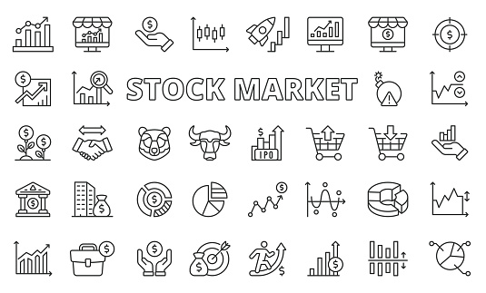 Stock market icons in line design. Business, stock exchange, analysis, investment, bull, bear, candlestick, financial isolated on white background vector. Stock market editable stroke icons