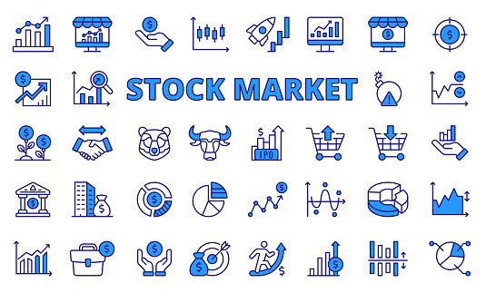 Stock market icons in line design, blue. Business, stock exchange, analysis, investment, bull, bear, candlestick, financial isolated on white background vector. Stock market editable stroke icons