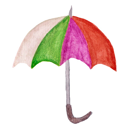 Colorful watercolor umbrella, isolated on white background. Hand-drawn doodles