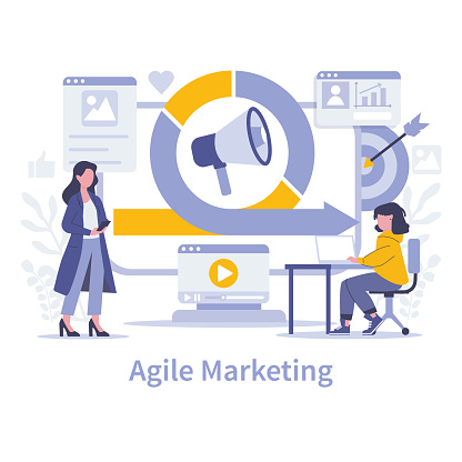 Agile Marketing concept. Rapidly adapting strategies in real-time, leveraging analytics for market responsiveness. Efficient, data-driven campaign cycles. Vector illustration.