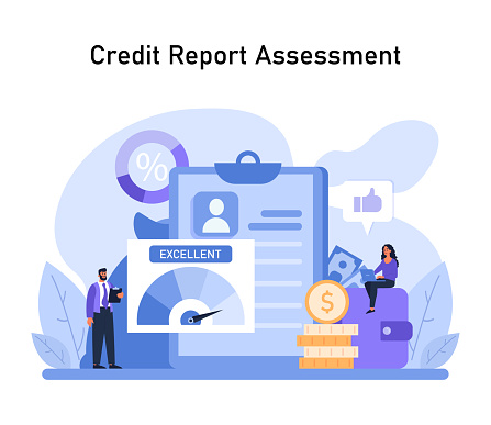 Credit Report Assessment Guide. A thorough inspection of financial standing, depicted with an excellent rating on a detailed credit report, alongside monetary symbols. Flat vector illustration