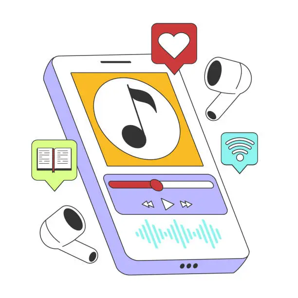 Vector illustration of Streaming music service. Smartphone and headphones. Listening to music