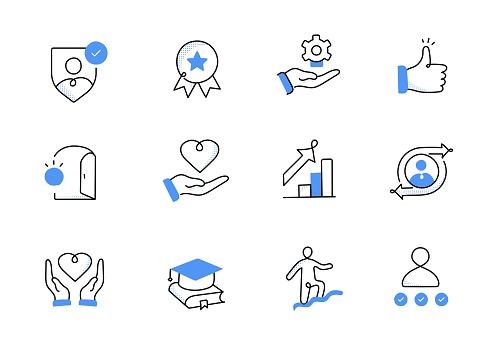 Employee Motivation Icons Set. Boosting Workplace Morale: Iconic set representing various aspects of employee motivation.