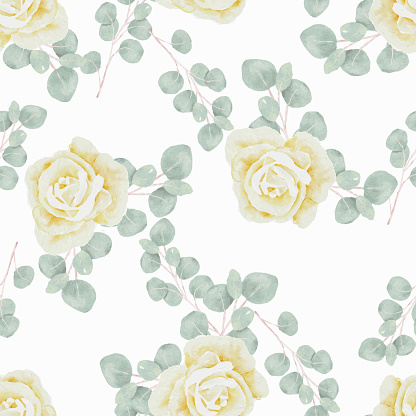 watercolor wihte rose and green silver eucalyptus foliage seamless pattern