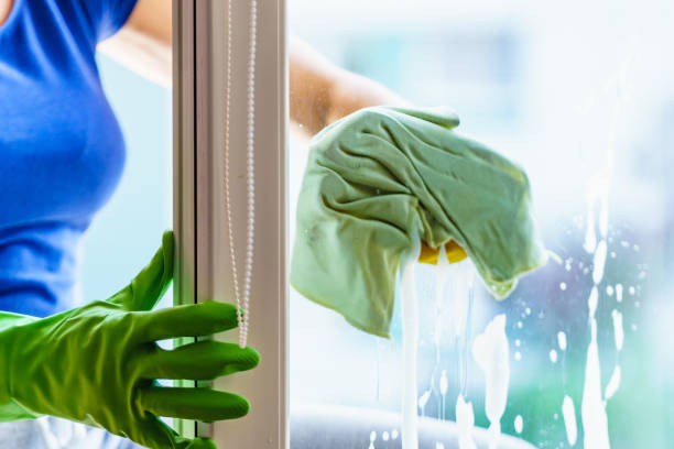 istock Woman cleaning window at home 2117095483