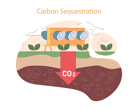 Carbon Sequestration concept. Visualization of CO2 absorption process by plants, promoting environmental health through agriculture.