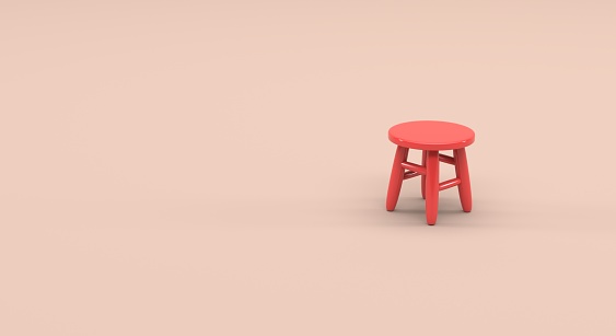 Stool, stool, wooden stool in red color on a plain background, lonely, solitude, isolated stool (3d illustration)
