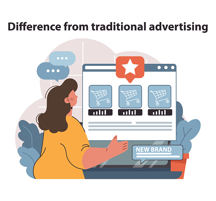 An advertiser highlights the distinctive features of a new brand's online presence, setting it apart from traditional advertising methods with a fresh, digital-first approach.