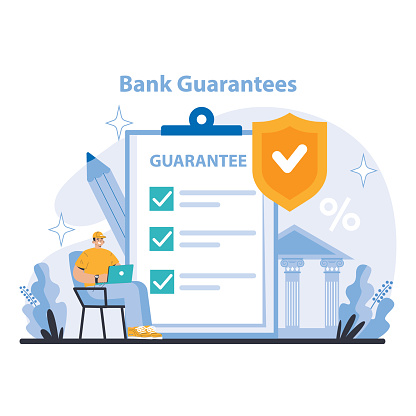 Bank Guarantees concept. Solid assurance with bank guarantees for secure financial commitments. Confident business dealings backed by banking integrity. Flat vector illustration.