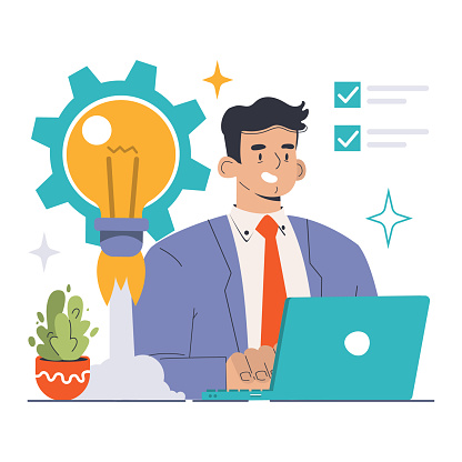 Focused manager concept. Confident businessman working on laptop with a checklist and a lightbulb gear icon symbolizing project implementation ideas. Clean, modern design. Flat vector illustration