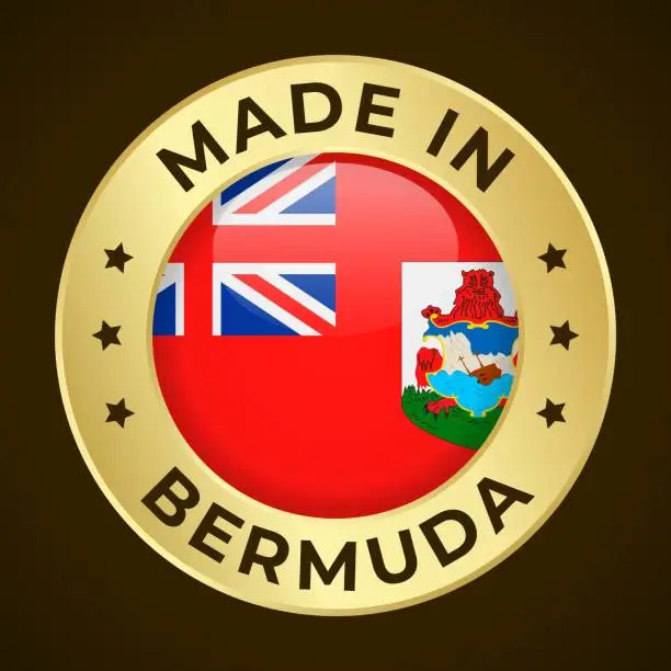 Vector illustration of Made in Bermuda - Vector Graphics. Round Golden Label Badge Emblem with Flag of Bermuda and Text Made in Bermuda. Isolated on Dark Background