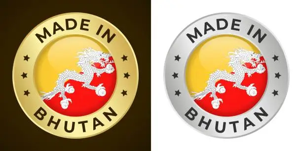 Vector illustration of Made in Bhutan - Vector Graphics. Round Golden and Silver Label Badge Emblem Set with Flag of Bhutan and Text Made in Bhutan. Isolated on White and Dark Backgrounds