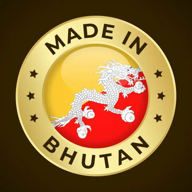 Vector illustration of Made in Bhutan - Vector Graphics. Round Golden Label Badge Emblem with Flag of Bhutan and Text Made in Albania. Isolated on Dark Background