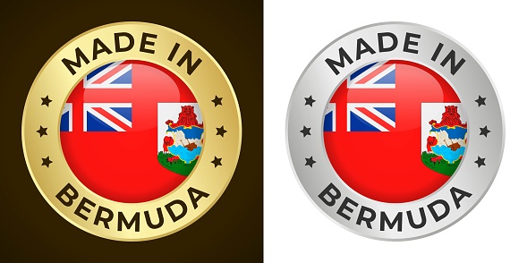 Made in Bermuda - Vector Graphics. Round Golden and Silver Label Badge Emblem Set with Flag of Bermuda and Text Made in Bermuda. Isolated on White and Dark Backgrounds