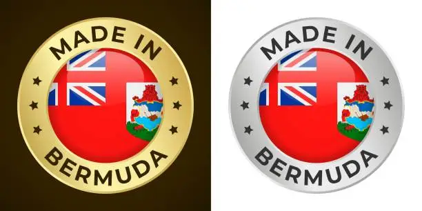 Vector illustration of Made in Bermuda - Vector Graphics. Round Golden and Silver Label Badge Emblem Set with Flag of Bermuda and Text Made in Bermuda. Isolated on White and Dark Backgrounds