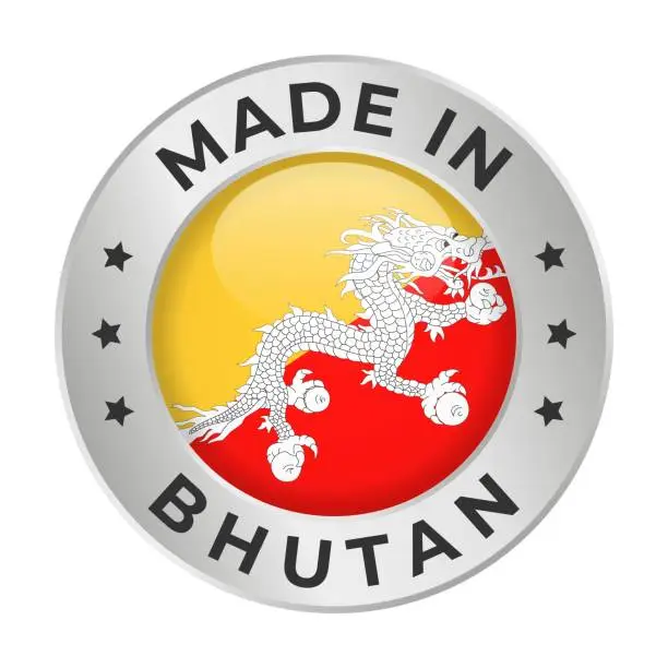Vector illustration of Made in Bhutan - Vector Graphics. Round Silver Label Badge Emblem with Flag of Bhutan and Text Made in Bhutan. Isolated on White Background