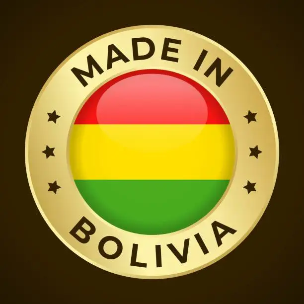 Vector illustration of Made in Bolivia - Vector Graphics. Round Golden Label Badge Emblem with Flag of Bolivia and Text Made in Bolivia. Isolated on Dark Background