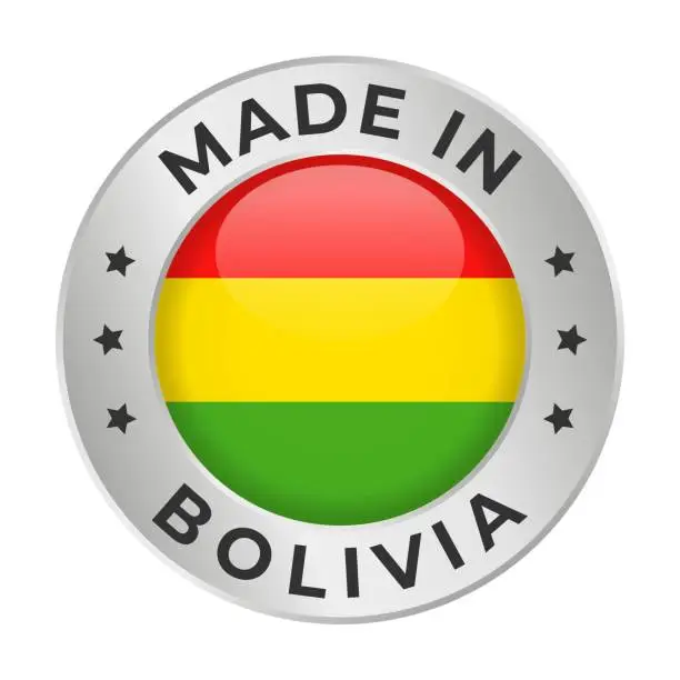 Vector illustration of Made in Bolivia - Vector Graphics. Round Silver Label Badge Emblem with Flag of Bolivia and Text Made in Bolivia. Isolated on White Background