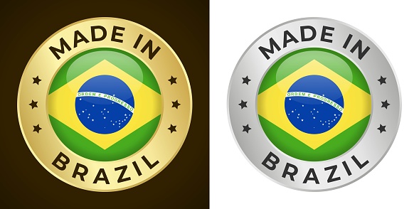 Made in Brazil - Vector Graphics. Round Golden and Silver Label Badge Emblem Set with Flag of Brazil and Text Made in Brazil. Isolated on White and Dark Backgrounds