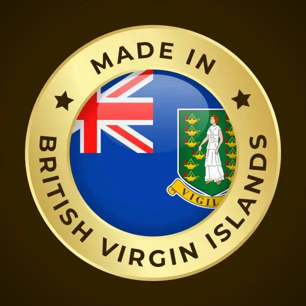 Vector illustration of Made in British Virgin Islands - Vector Graphics. Round Golden Label Badge Emblem with Flag of British Virgin Islands and Text Made in Albania. Isolated on Dark Background