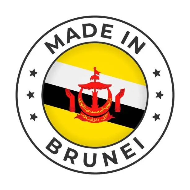 Vector illustration of Made in Brunei - Vector Graphics. Round Simple Label Badge Emblem with Flag of Brunei and Text Made in Brunei. Isolated on White Background