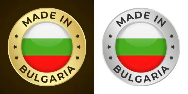 Vector illustration of Made in Bulgaria - Vector Graphics. Round Golden and Silver Label Badge Emblem Set with Flag of Bulgaria and Text Made in Bulgaria. Isolated on White and Dark Backgrounds