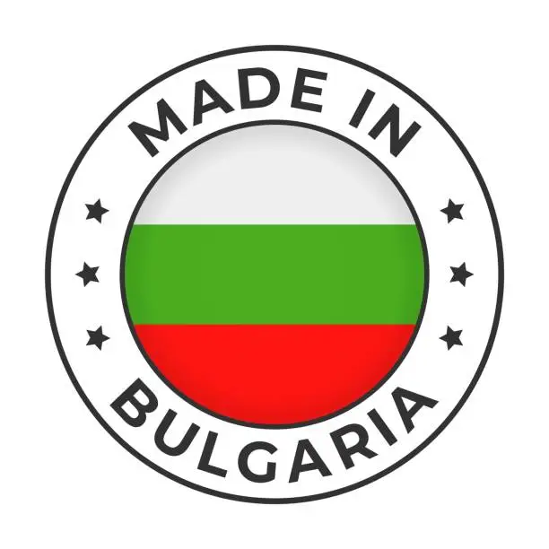 Vector illustration of Made in Bulgaria - Vector Graphics. Round Simple Label Badge Emblem with Flag of Bulgaria and Text Made in Bulgaria. Isolated on White Background
