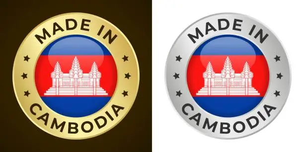 Vector illustration of Made in Cambodia - Vector Graphics. Round Golden and Silver Label Badge Emblem Set with Flag of Cambodia and Text Made in Cambodia. Isolated on White and Dark Backgrounds