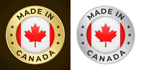 Made in Canada - Vector Graphics. Round Golden and Silver Label Badge Emblem Set with Flag of Canada and Text Made in Canada. Isolated on White and Dark Backgrounds