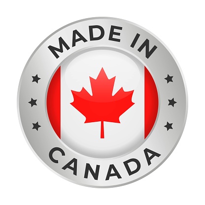 Made in Canada - Vector Graphics. Round Silver Label Badge Emblem with Flag of Canada and Text Made in Canada. Isolated on White Background