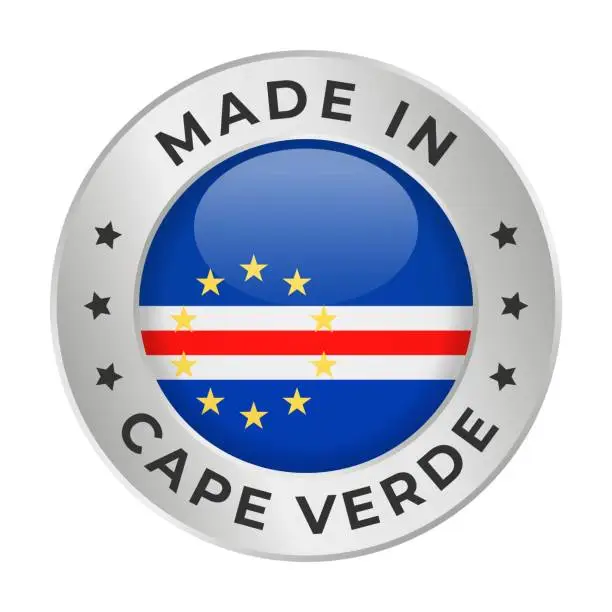 Vector illustration of Made in Cape Verde - Vector Graphics. Round Silver Label Badge Emblem with Flag of Cape Verde and Text Made in Cape Verde. Isolated on White Background