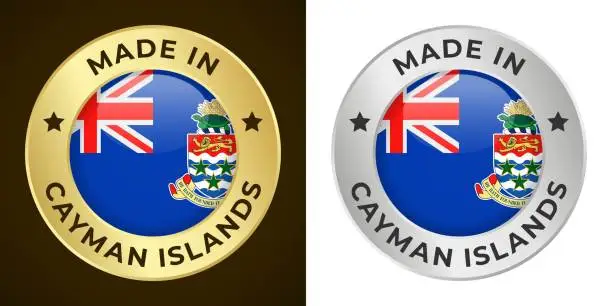 Vector illustration of Made in  Cayman Islands - Vector Graphics. Round Golden and Silver Label Badge Emblem Set with Flag of  Cayman Islands and Text Made in  Cayman Islands. Isolated on White and Dark Backgrounds
