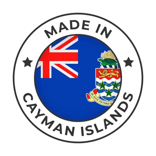 Vector illustration of Made in  Cayman Islands - Vector Graphics. Round Simple Label Badge Emblem with Flag of  Cayman Islands and Text Made in  Cayman Islands. Isolated on White Background