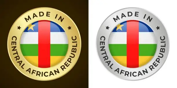 Vector illustration of Made in Central African Republic - Vector Graphics. Round Golden and Silver Label Badge Emblem Set with Flag of Central African Republic and Text Made in Central African Republic. Isolated on White and Dark Backgrounds