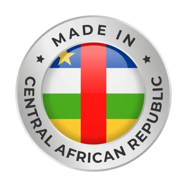 Vector illustration of Made in Central African Republic - Vector Graphics. Round Silver Label Badge Emblem with Flag of Central African Republic and Text Made in Central African Republic. Isolated on White Background