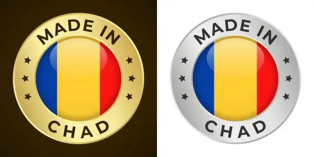 Vector illustration of Made in Chad - Vector Graphics. Round Golden and Silver Label Badge Emblem Set with Flag of Chad and Text Made in Chad. Isolated on White and Dark Backgrounds