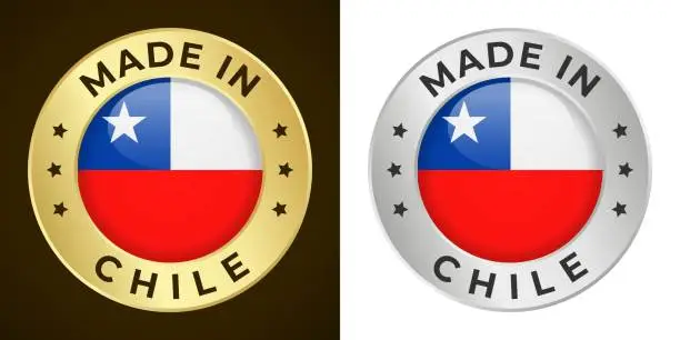 Vector illustration of Made in Chile - Vector Graphics. Round Golden and Silver Label Badge Emblem Set with Flag of Chile and Text Made in Chile. Isolated on White and Dark Backgrounds