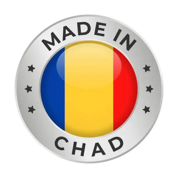 Vector illustration of Made in Chad - Vector Graphics. Round Silver Label Badge Emblem with Flag of Chad and Text Made in Chad. Isolated on White Background