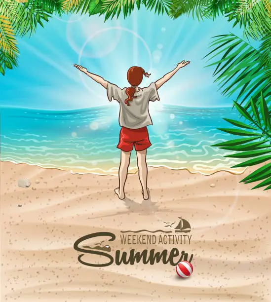Vector illustration of sunbathers coastline
