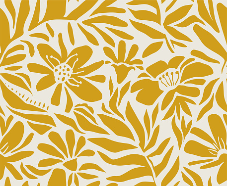 Seamless pattern of abstract leaves and flower.