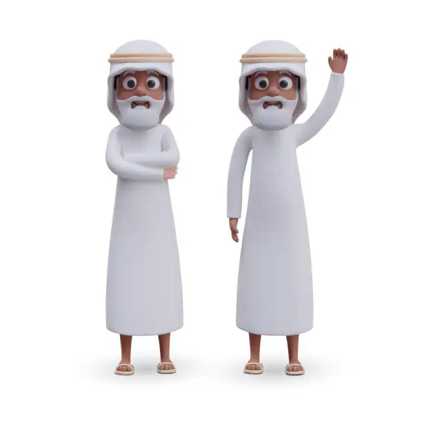 Vector illustration of Arab man in traditional white clothes. Vector 3D male character in different poses