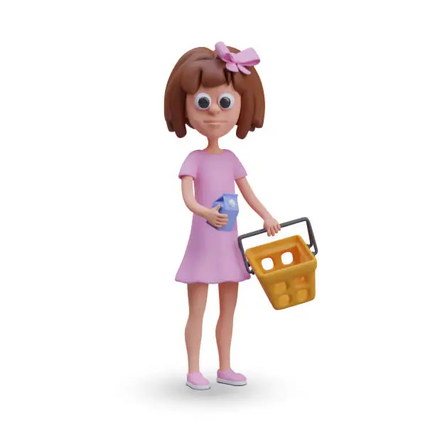 Vector illustration of Vector girl in pink dress is shopping. Vector child character holding shopping cart and yogurt