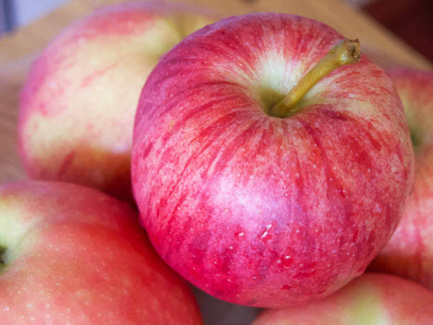 istock Ripe gala apples, a close-up shot. Apples whose peel is covered with pink stripes. 2117149993