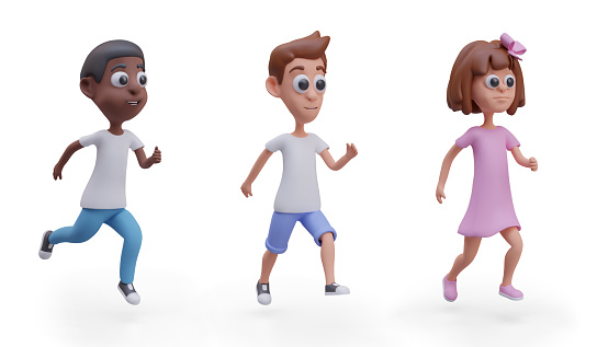 Vector children running forward. Set of vector 3D characters in cartoon style. Boys and girl are in hurry. Template for advertising services, children products