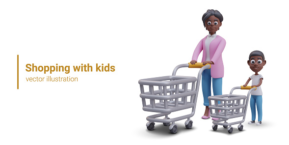 Concept of shopping with children. Mother and son roll empty shopping carts. Dark skinned woman and boy came to store. Vector composition with 3D characters for online business