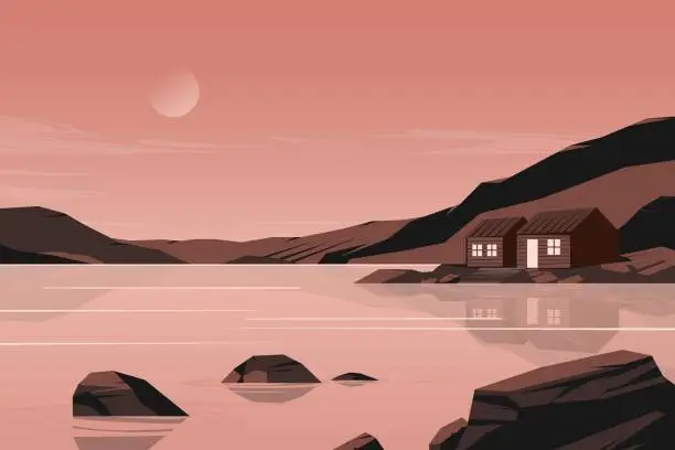 Vector illustration of Cartoon landscape with cabin on lake. Minimal nature background with wooden house on lake shore, trees and mountains at twilight. Modern vector flat illustration