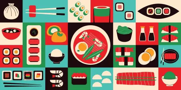 Vector illustration of Asian food banner. Minimal geometric japanese korean thai chinese cuisine, sushi shrimp sashimi salmon rice ramen tom yum soup. Flat vector background