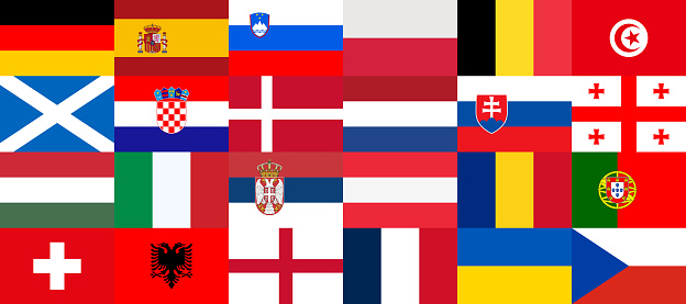 Flags of Countries Participating in the European Football Championship in 2024. Group Stage. Europe Football 2024. Sorted by Group Matches, Collected in One Banner. National Flags. Vector illustration