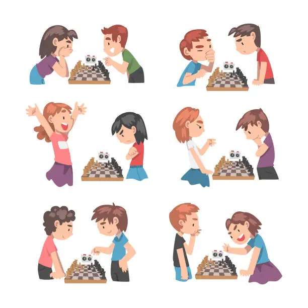 Vector illustration of Cute Boy and Girl Character Sitting and Playing Chess Vector Set